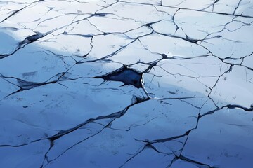 A high-angle view of cracked, icy surface with a dark pool, suggesting a cold, desolate landscape.