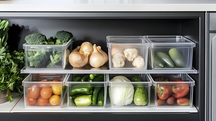 Shelf in a fridge neatly organized with vegetables in clear bins