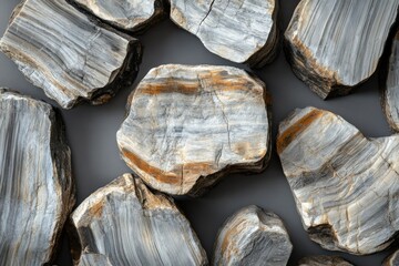 Fototapeta premium Collection of fossilized wood slices with unique patterns and colors.