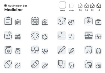 Medicine and medical equipment. Concept editable stroke outline icons set isolated on white background flat vector illustration. Pixel perfect.