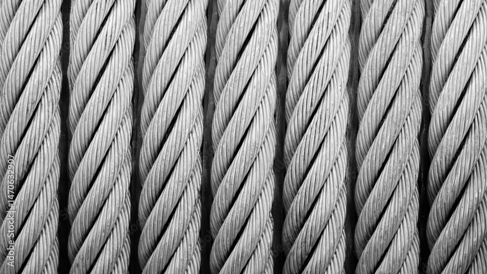 Poster A close up of a wire rope with a black and white color scheme. rope is twisted and has a rough texture. Concept of strength and durability.