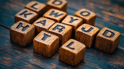 Wooden letter blocks scattered on a rustic wooden surface