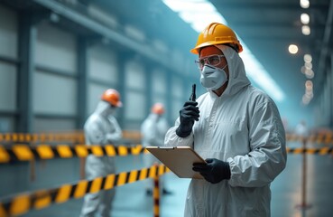 Male inspector team investigates danger chemical gas leak spill in closed area with barricade, security tape. Scientists in PPE suits, hard hats, masks assess hazards. Pollution, industrial accident,