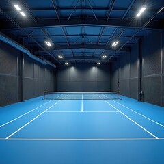 Modern trendy indoor tennis padel court with blue floor, white lines, net. Sport stadium arena with lamps lighting. Empty place for pro tennis game competition. Urban sport activity.