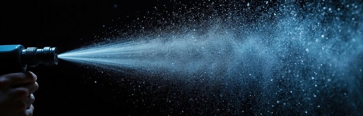 Obraz premium Water spray against black background. Aerosol sprays micro drops of water in slow motion. Macro shot of water droplets flying in air. Beauty concept, humid atmosphere.