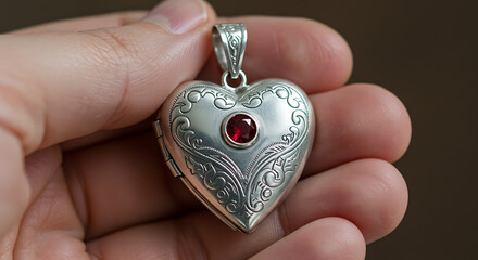 Hand Holding Antique Heart Locket. This ornate piece, made of silver and featuring a red gem, exudes charm and sentimental value.