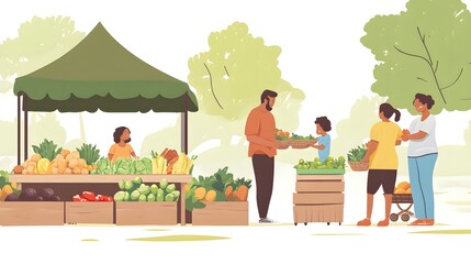 Family at a farmer market choosing fresh produce from a local vendor