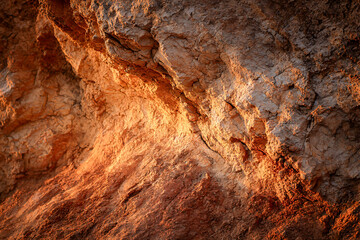 Texture of Stone: A close-up, highly detailed photograph showcasing the rough, weathered surface of a stone, illuminated by the soft, warm light of the sun.