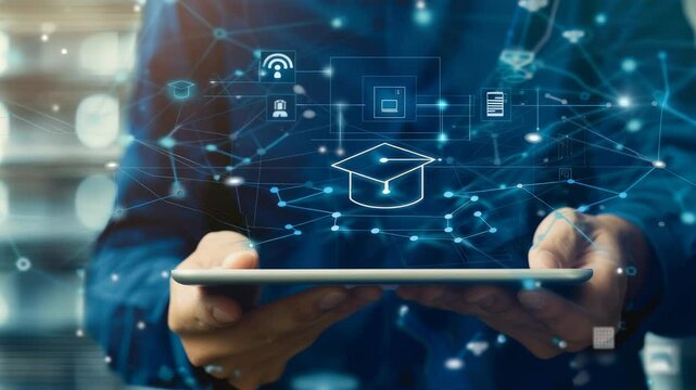 Digital education concept featuring a person holding a tablet with interconnected icons representing online resources, academic tools, and educational platforms. Illustrates modern learning. - Powered by Adobe