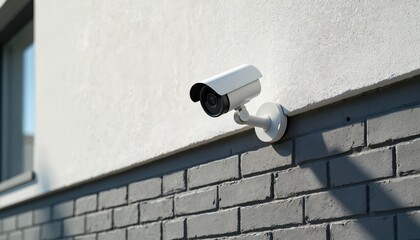 White CCTV camera on building exterior wall. Security tech for home office protection, monitoring, surveillance system. Protection from crime, control, observation, safety, video recording. Modern