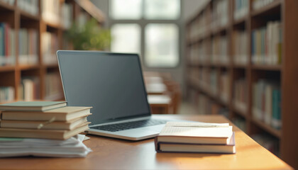 Laptop, books stack desk library interior. Education, study, research, technology concept. Student workplace, online learning, modern technology, information resource. Digital education.