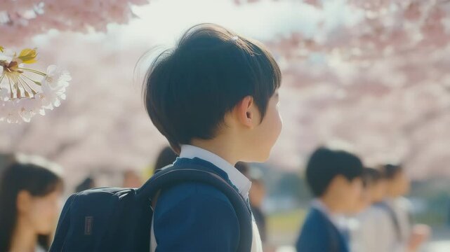 桜の下で笑顔の新入生男の子