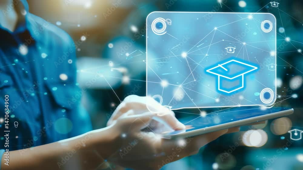 Poster a person is holding a tablet, with a digital network of education icons displayed. the scene emphasi