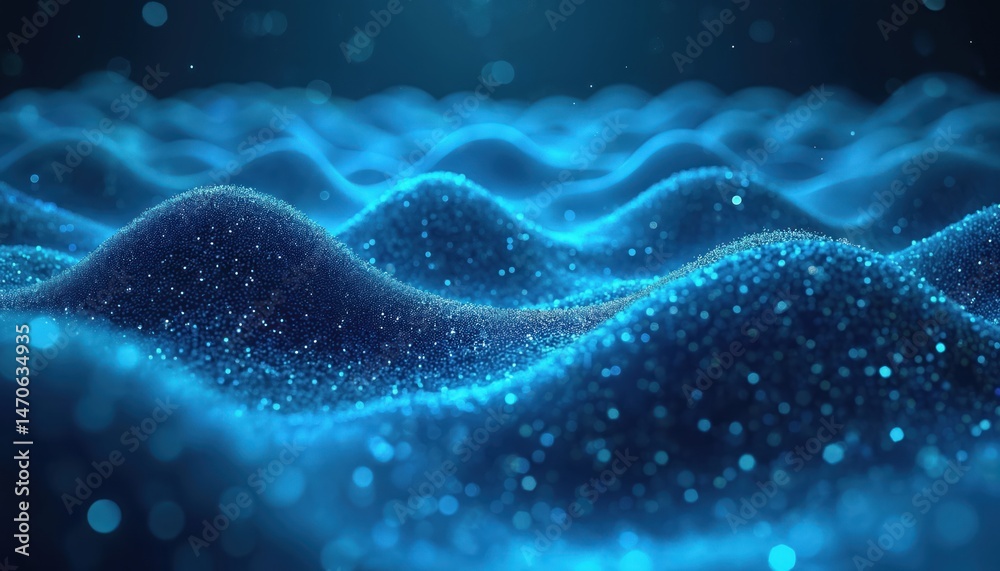 Poster Abstract 3D illustration futuristic digital wave. Blue particles form blockchain network, representing financial technology, cryptocurrency. Modern tech background, digital innovation, crypto art.