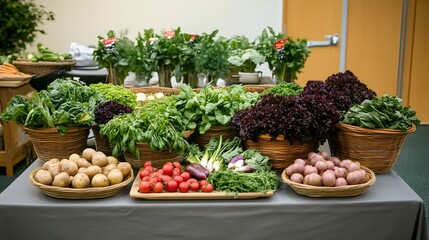 Table display of various farm-to-table ingredients for a local food event