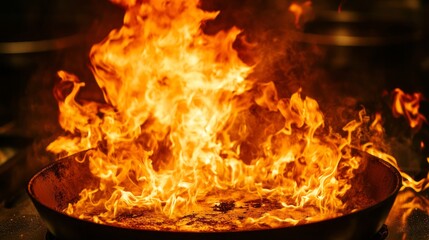 Intense flames engulfing a dark cooking pan.