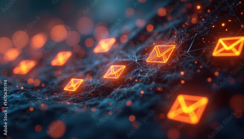 Poster futuristic digital mail flow, email communication. glowing orange mail icons in cyberspace, data tra