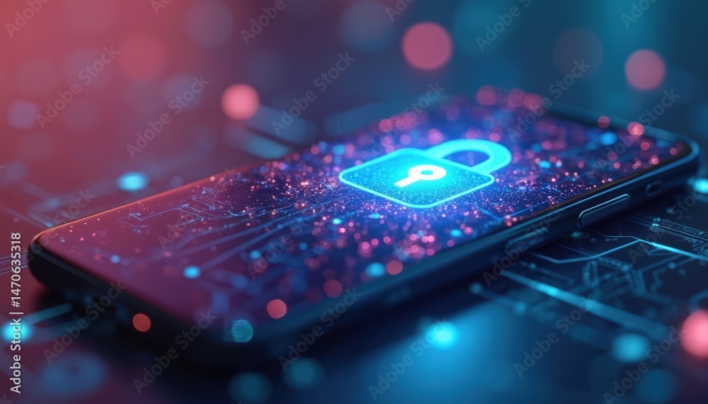 Fototapete Smartphone displays digital lock symbol, cybersecurity data protection. Mobile phone features encryption interface. Secure access to information network, online threat prevention. Data safety, web