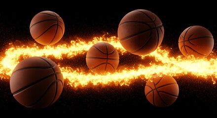 Several textured basketballs float above a shimmering, fiery orange expanse against a stark black backdrop, creating a dynamic sports visual.
