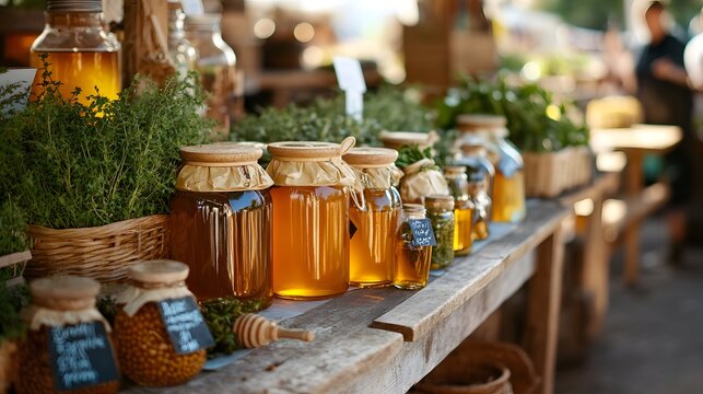 Farmer market stall filled with local honey and fresh herbs
