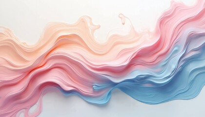 Abstract illustration of acrylic paint splashes, mix gentle tones with dynamic movement on white background. Pastel colors blend waves, liquid motion, creating fantasy vibrant artwork.