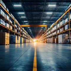 Fototapeta premium Spacious warehouse interior with stacked goods and lighting.