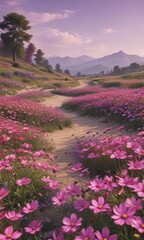 Fototapeta premium Pink & purple cosmos waves, idyllic rural scene, nature, macro