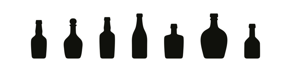 Alcohol bottles in black silhouette vector style.
Various drink bottle shapes for bar and beverage design