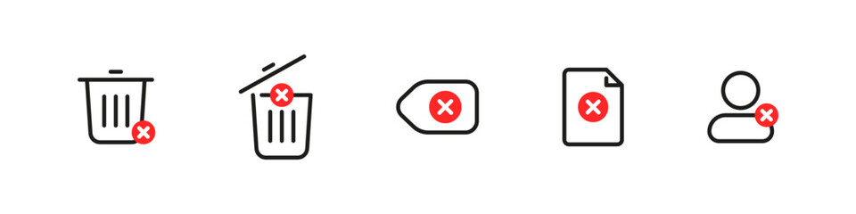 Delete icons with red cross in outline vector set. Cancel and remove symbols in flat UI style