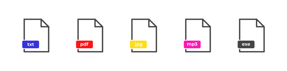 Popular file format icons vector set with extensions. Document and media type symbols in flat and outline styles