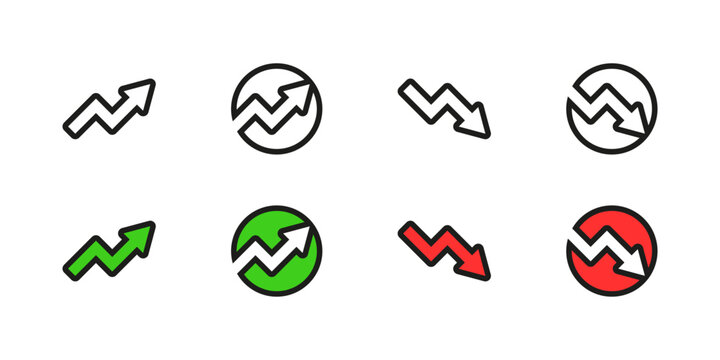 Rise and fall arrows in green and red colors vector set. Directional symbols for increase and decrease values