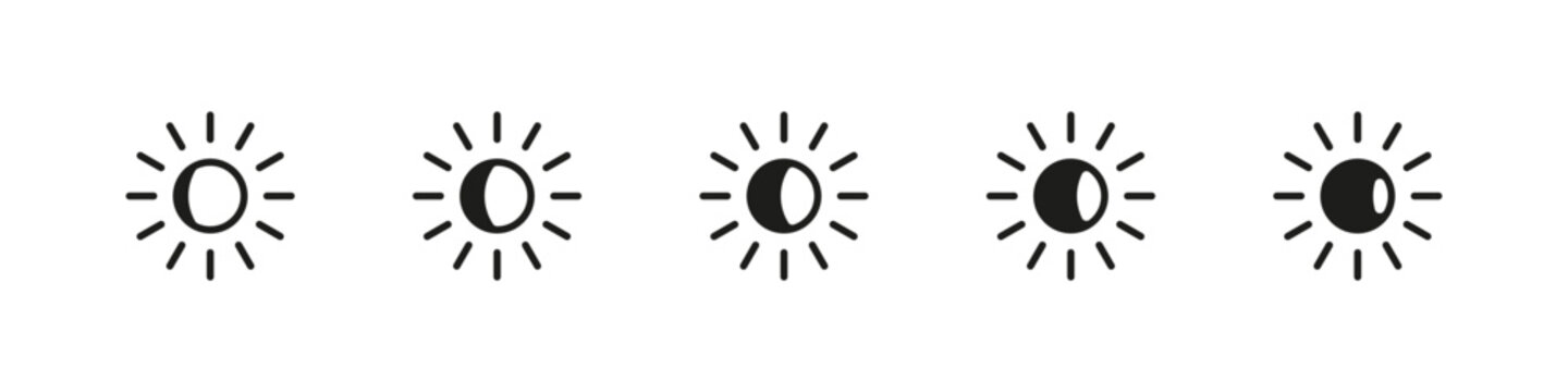 Screen brightness icons in different levels vector set. Sun symbol icons with increasing and decreasing light