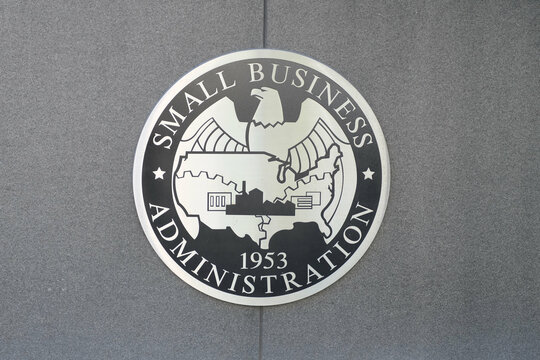 Logo of the Small Business Administration on the outside of its headquarters building in Washington, DC