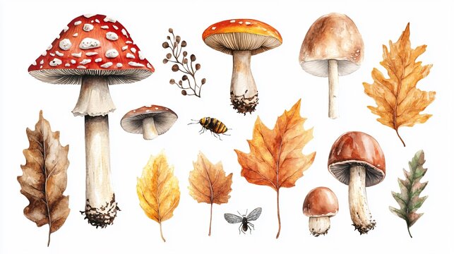 Autumn Set: Mushrooms, Leaves, Insects Isolated - Professional Nature Collection