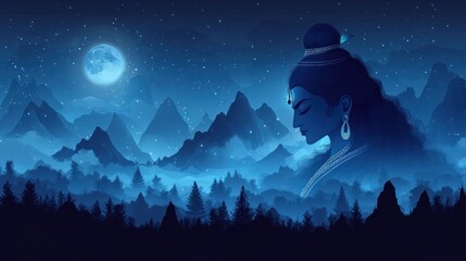 Mystical deity amidst a night mountain landscape