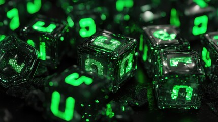 Many glowing green numbers in small cubes