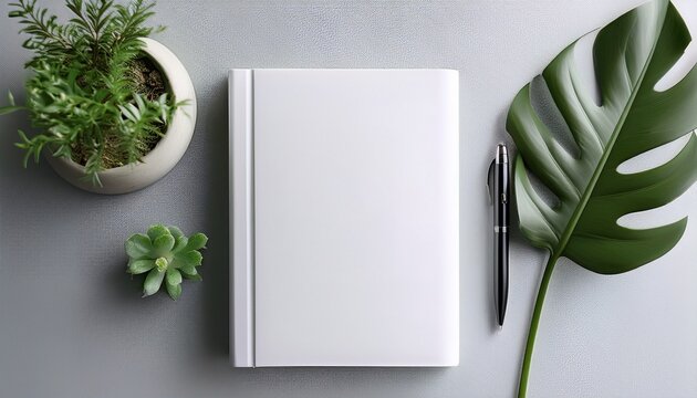 clean minimal book 4x6 mockup on top table with plant and pen