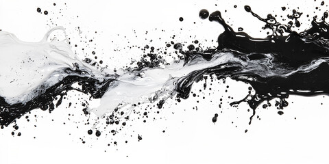Black and white liquid splashes collide in dynamic motion on white background. Abstract contrast of ink or paint in minimalist, high-impact visual concept.