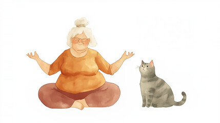 Watercolor illustration of a smiling elderly woman meditating in lotus pose next to a calm gray cat. Peaceful scene symbolizing relaxation, mindfulness, and companionship.
