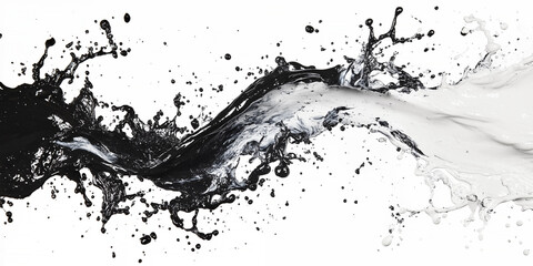 Abstract splash of black and white liquid swirling together on white background. Dynamic motion concept with contrast, flow, and modern minimalist style.