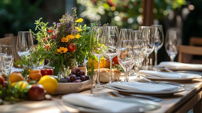 Table set with a variety of locally sourced vegetables and herbs