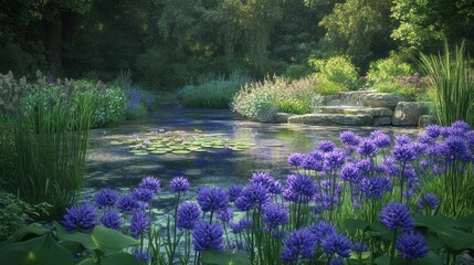 Serene garden pond, purple flowers, lush greenery, tranquil background; nature website