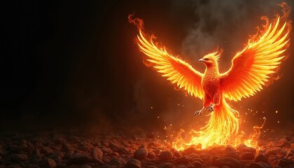 Majestic phoenix rises from flames, rebirth, transformation. Fiery bird illustration, orange wings spread, surrounded by fire, sparks on rocky ground. Fantasy creature on dark background,