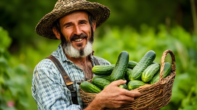 Farmer holding a basket of fresh cucumbers with a green field in the background - Powered by Adobe