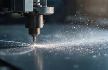Close-up view water jet machine at work. Cnc water jet cutter for metal fabrication. Metal cutting process in manufacturing, industrial production. Precision engineering tech for automotive parts.