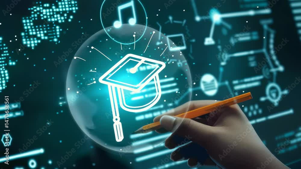Poster Close-up shot with a pencil being held against a glowing background filled with icons like music, a graduation cap, and computer screens, creating a learning environment.