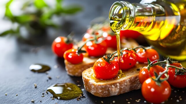 Avocado toast topped with cherry tomatoes and a drizzle of olive oil for a healthy snack