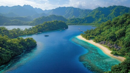 Tropical paradise bay, lush greenery, crystal-clear water, secluded beach