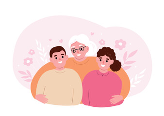 Happy grandmother hugs her grandchildren. Boy, girl and elderly woman are happy together. Vector flat graphics.