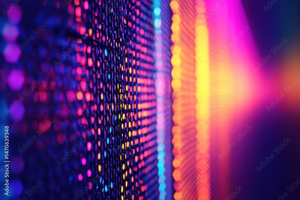Poster colorful patterns of hexagonal shapes illuminated with vibrant lights create an abstract digital env